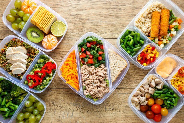 Meal prep lunch boxes with tuna salad, shredded carrots and fresh greens on wooden surface