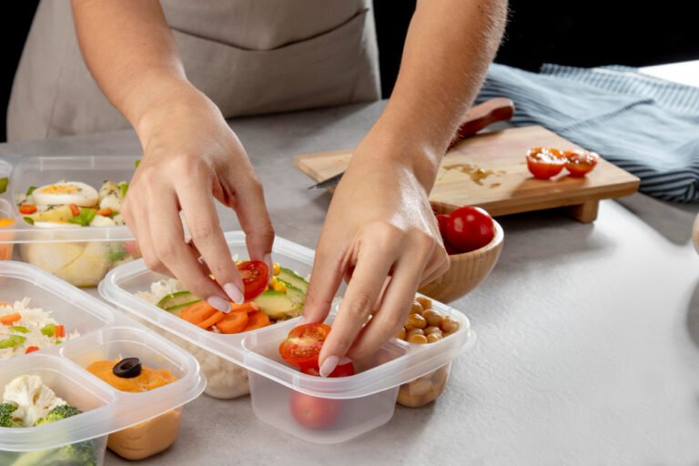 Person placing cherry tomatoes into meal prep containers with fresh vegetables and healthy ingredients