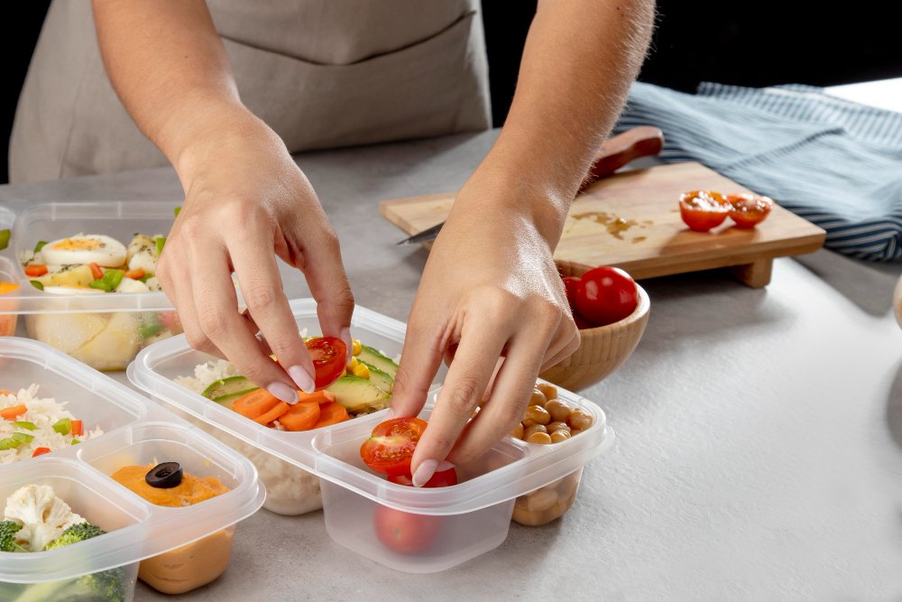 Person placing cherry tomatoes into meal prep containers with fresh vegetables and healthy ingredients